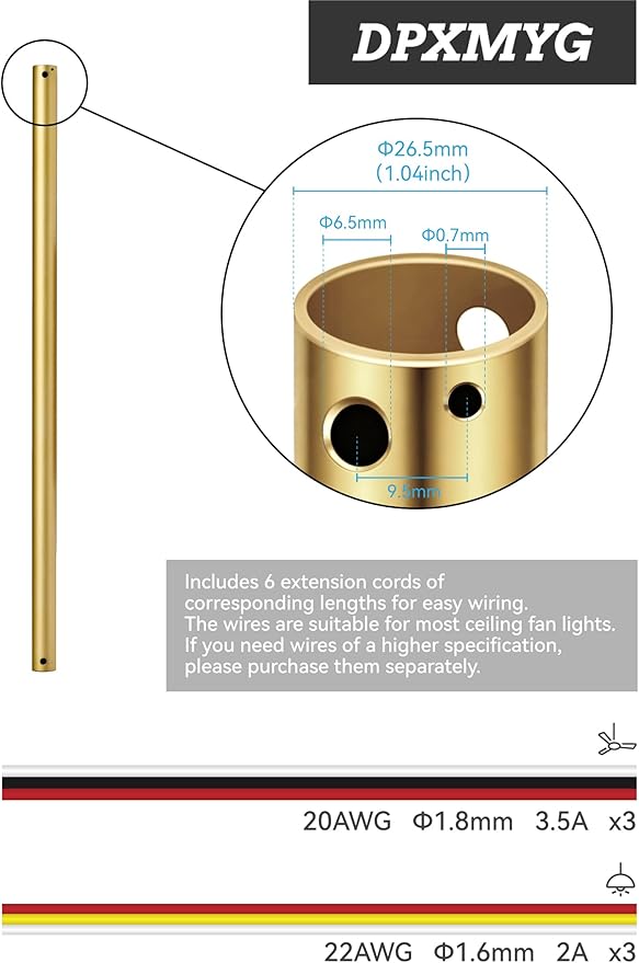 DPXMYG 36 inch Ceiling Fan Downrod with Extension Cord, 3 FT Gold Downrod for Ceiling Fan, 1 inch Outside Diameter, Boom Suitable for a Wide Range of Fans (Gold, Not Threaded)