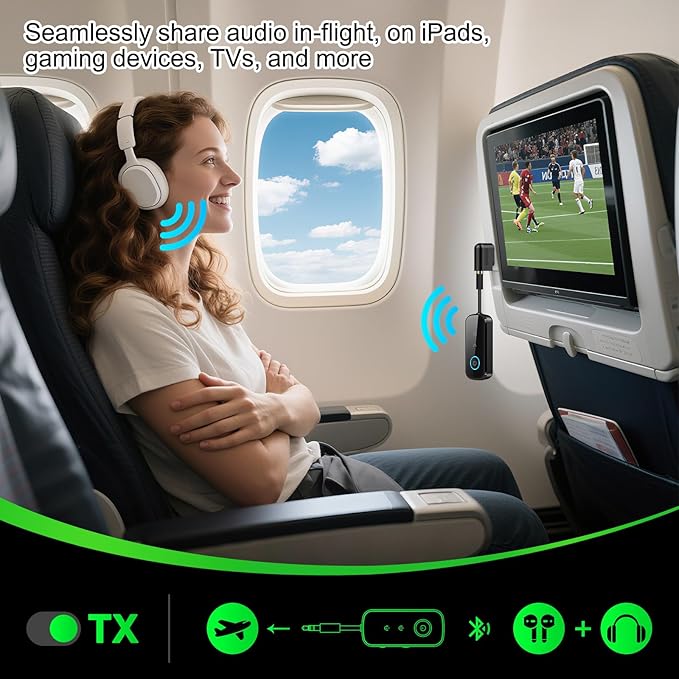 Premium Pro Bluetooth 5.4 Transmitter Receiver,Airplane Audio Adapter,Wireless Transmitter for TV/Travel Flight,Airline,Gym.Compatible with 2 AirPods/Headphones,Bluetooth Receiver for Car/Home Stereo