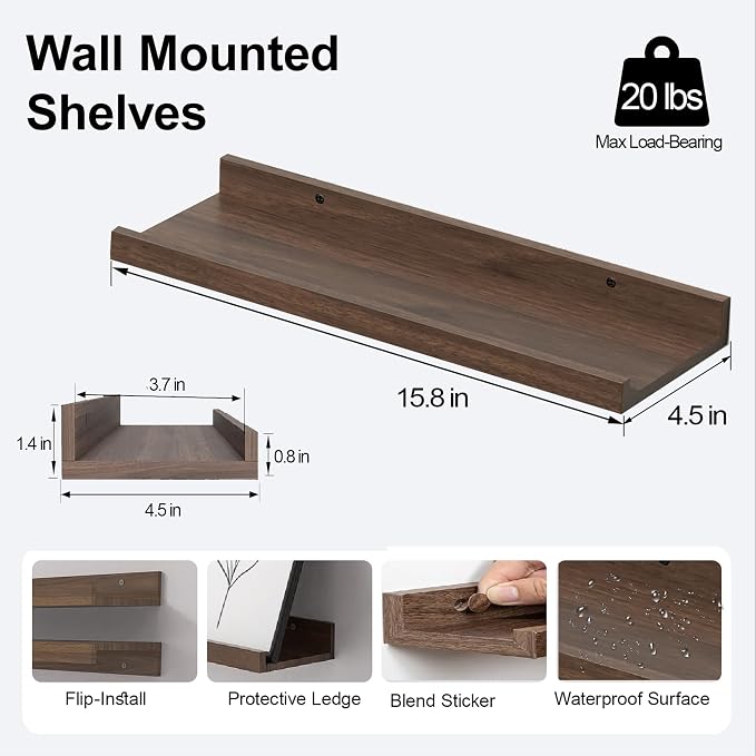 Walnut Floating Shelves for Wall Decor, 16 in Shelf - Image 3