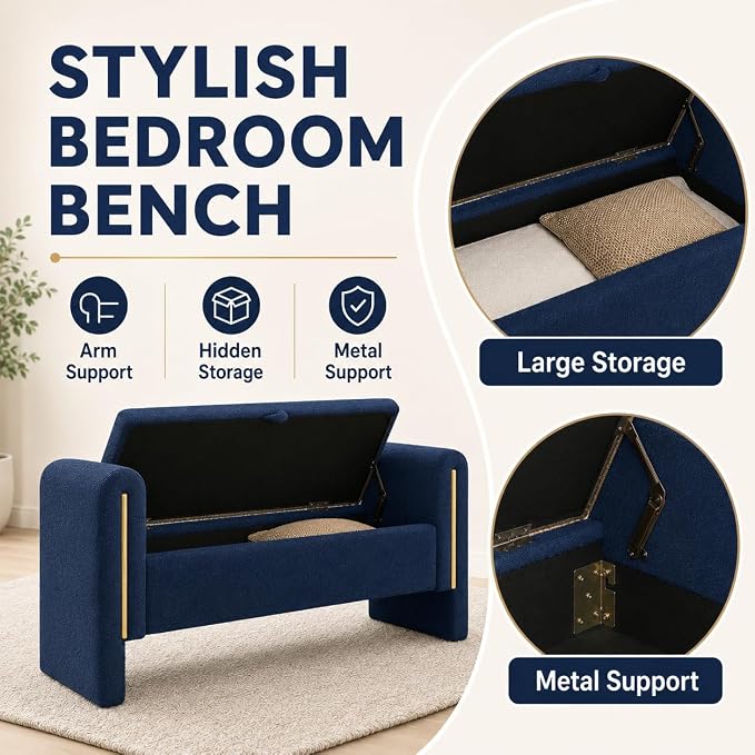 52" Upholstered Storage Bench, Wood Frame | Mid-century storage ottoman bench - Image 4