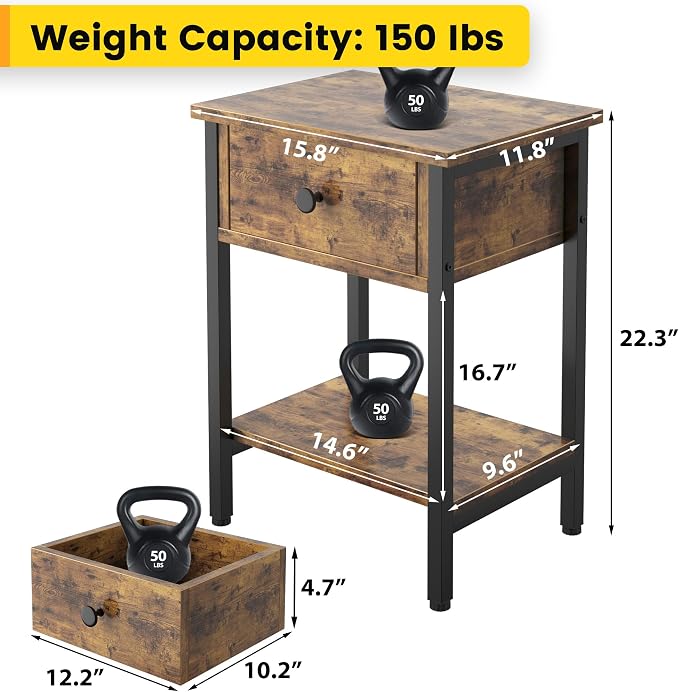 Nightstands Set of 2 with Wood Drawers, Bedside Table Set of 2 with Storage - Image 3