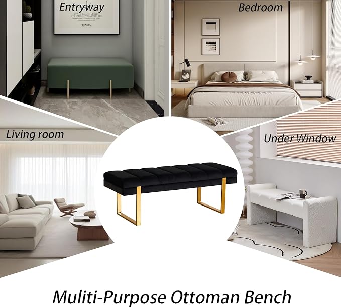 46" Velvet Black Bench with Gold Legs - Image 6