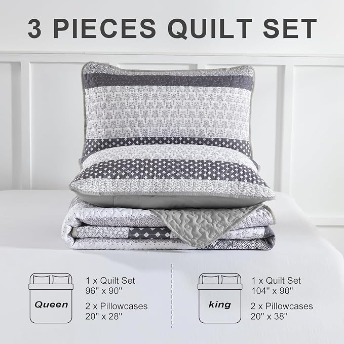 WONGS BEDDING Beige Quilt King Size, 3 Pieces Boho Stripe Bedspread | 3 Pieces - Image 8