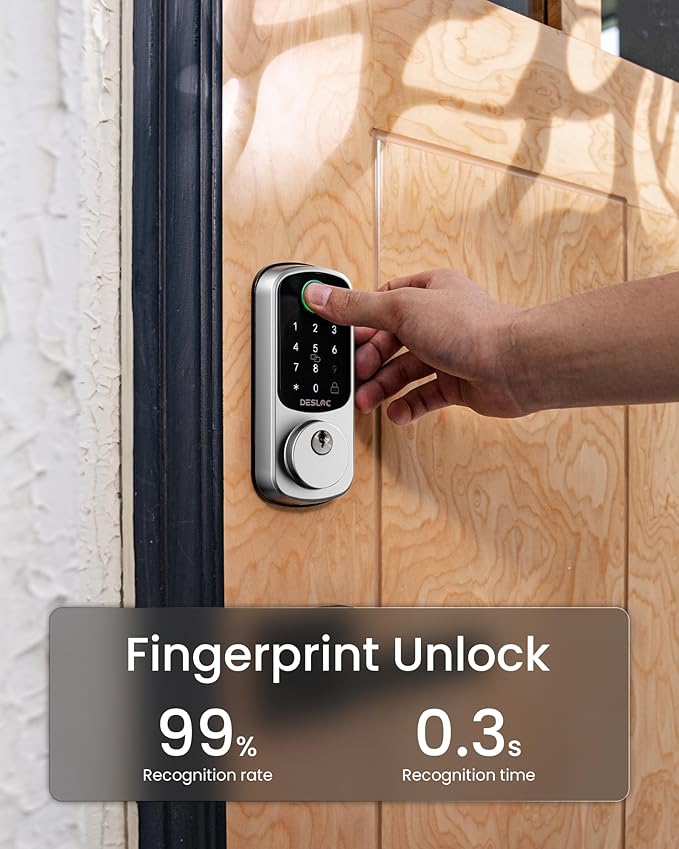 DESLOC Smart Door Lock B200, Smart Deadbolt Lock, Keyless Entry Door Lock, Fingerprint Smart Lock, Smart Locks for Front Door, App Control, Touchscreen Keypad Deadbolts,12-Month Battery, BHMA Grade3