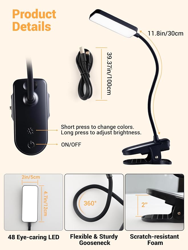 Clip on Light, 9 Brightness+5 Color Rechargeable Lamp, 48 LED Small Desk Lamp | - Image 8
