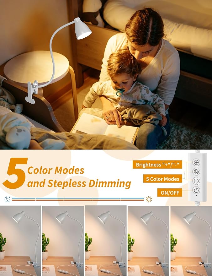 BOHON Clamp Lamp 5 Color Modes 10 Brightness Dimmer Bedside Lamp, Adapter - Image 3