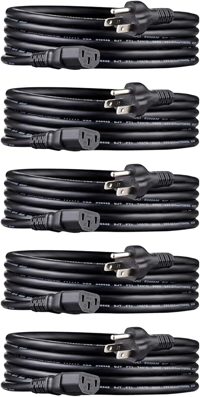 Amazon Basics PC Power Cord, 10 feet, 5-Pack, AC Power Cord for Monitor, Computer, TV, 3 Prong, 18 AWG, 125 Volts, Black