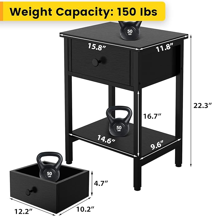 Nightstands Set of 2 with Drawers, Bedside Table Set of 2 with Storage Shelf - Image 3