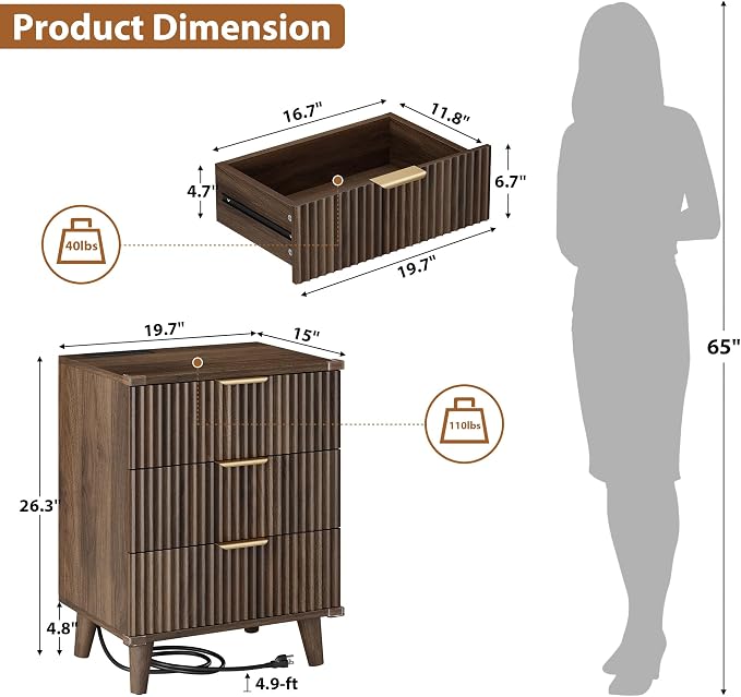 Wood Bedside Table w/Charging Station, 3 Drawers Fluted Dresser | Walnut - Image 3