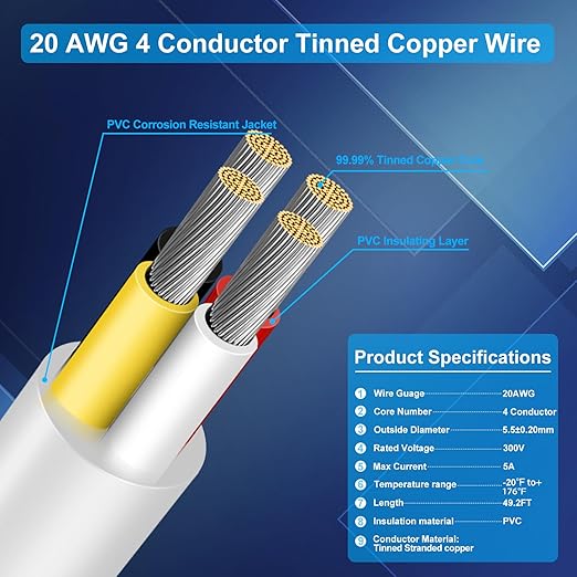 20 Gauge 4 Conductor Electrical Wire, 49.2FT Low Voltage 20/4 Tinned Copper Stranded 4 Wire Cable, 20 AWG White Flexible Extension Power Cord for Sprinkler, Thermostat, Speaker, Irrigation, Automotive