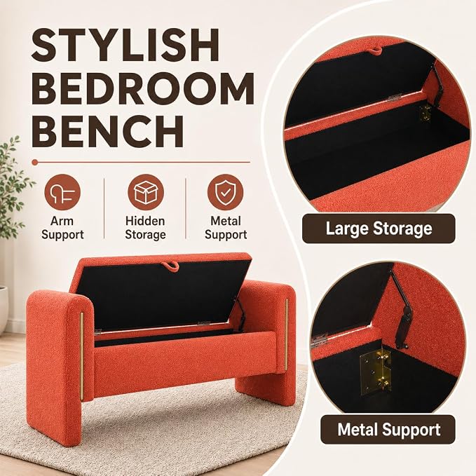 52" Upholstered Storage Bench, Wood Frame | Mid-century storage ottoman bench - Image 6
