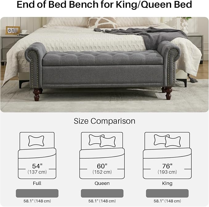 SOFTHION 58.1" Storage Bench for Bedroom, Linen Upholstered - Image 5