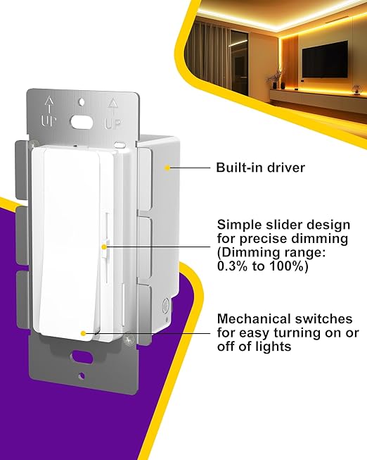 HitLights LED Driver and Dimmer Switch in One 160W, 120V AC to 24V DC, Compatible with Most Solid Color 24V Strip Tape Lights, UL Listed, Single-Pole/3-Way, EZDim Pro, White