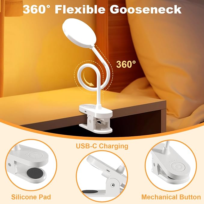 Rechargeable Desk Lamp with Clamp, 97 LED Bright Clip on Light with 3 Color & - Image 3
