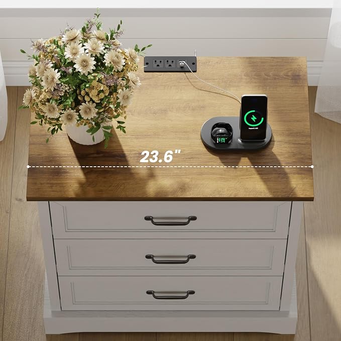 Farmhouse Nightstand with Charging Station and Hidden Drawer, Night Stand - Image 9
