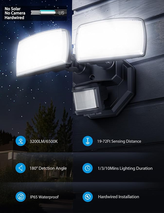 Onforu 32W 2 Head Motion Sensor Outdoor Lights, 3200LM 6500K LED Security Light Hardwired, Dusk to Dawn, Motion Detector Light for Outside, IP65 Waterproof Flood Lights for Garage, Yard(Black)