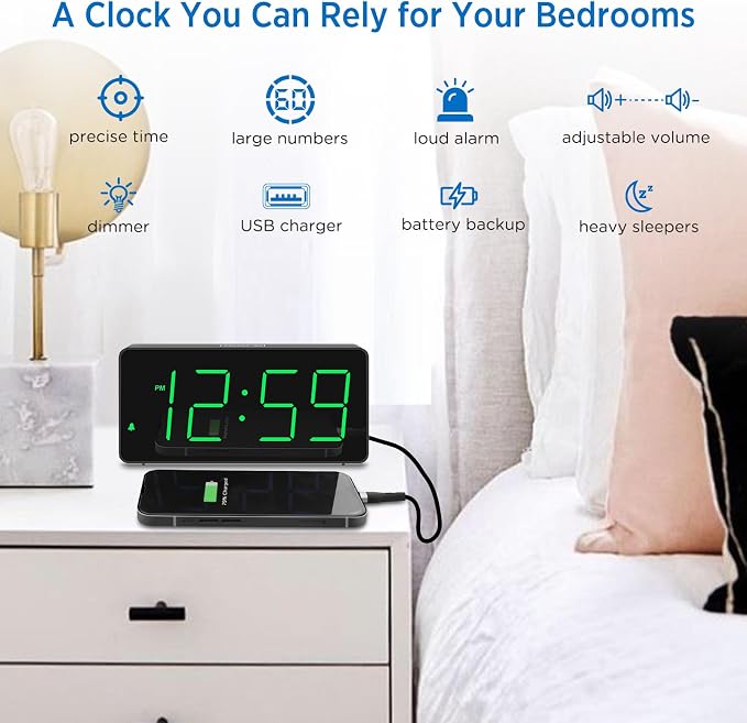 Peakeep Digital Alarm Clock for Bedroom Bedside, Large Display 5 Dimmers | - Image 3