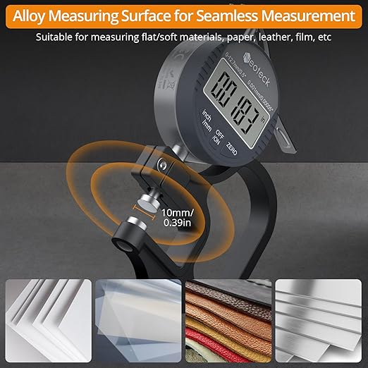 Neoteck Digital Thickness Gauge 0.5inch/12.7mm,0.00005inch/0.001mm LCD Display with Inch/MM Conversion One-Hand Quick Press Thickness Measuring Tool for Leather Paper Fabric Film etc.-Silver-Grey