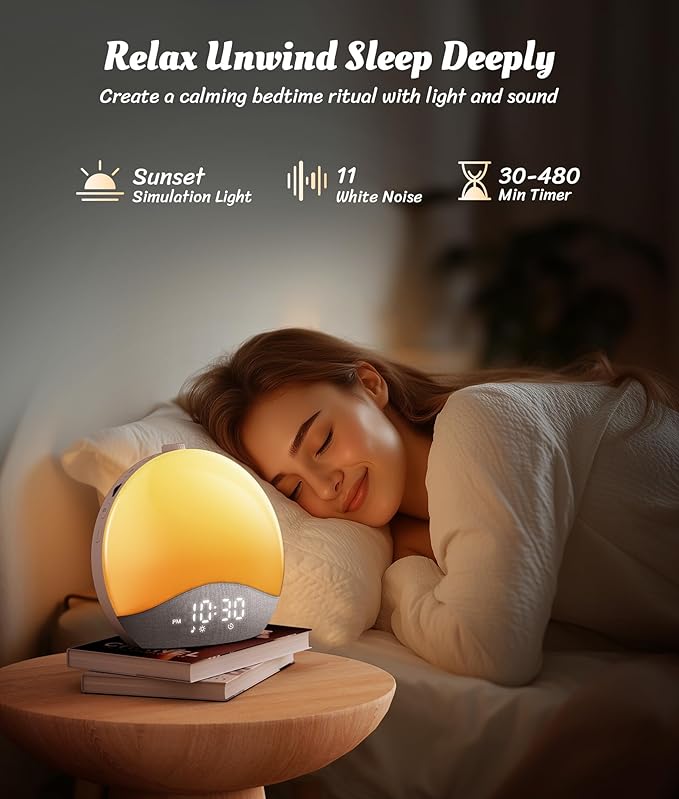 ecozy Sunrise Alarm Clock, White Noise Sound Machine, Alarm Clock for Bedrooms, 26 Soothing Sounds, 17 Night Lights, Bluetooth Speaker, Wake Up Sunlight for Heavy Sleepers, Adults, Kids