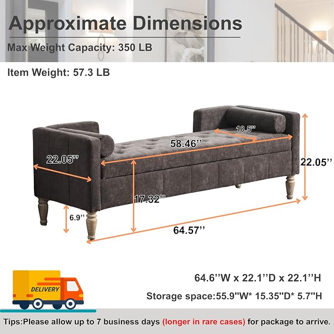 64.6" End of Bed Storage Bench for Bedroom, Dark Charcoal Brown. | Modern End - Image 2