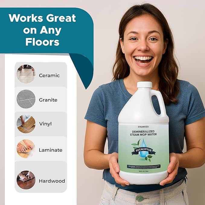 Steam & Go Demineralized Water Cleaning Solution for Floor & Multi-Surface Steam Cleaners - Compatible for Any Mop - Eucalyptus Mint, 128 oz