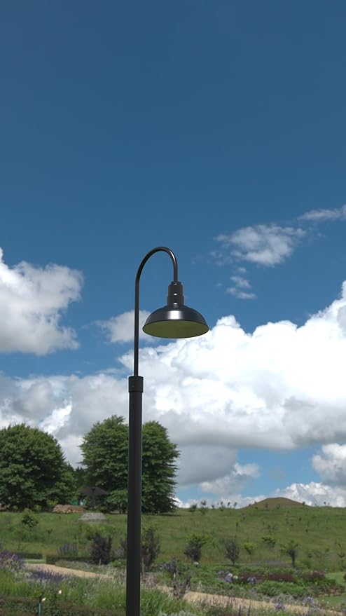 Steel Lighting Co. Hawthorne Light | Outdoor Pole Top Mounted | 8" Dome | Upslope Gooseneck with Slip Fitter for 2-3/8" Standard Poles | Made in America | Matte Black Exterior/White Interior