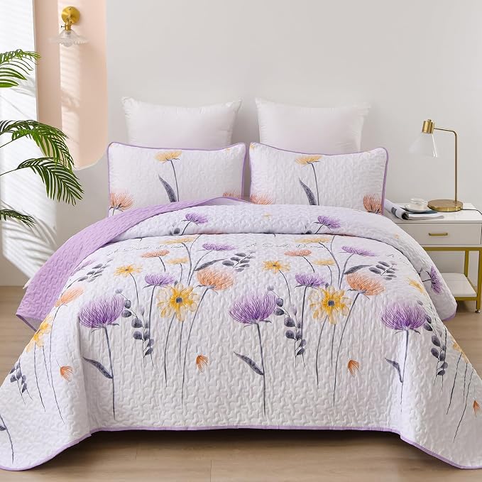 Dinjoy King Size Quilt Set Floral, 3 Pieces Fall Bedspread Bedding Set | Soft by DINJOY