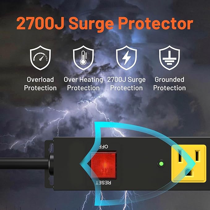Heavy Duty 6 Outlet Metal Long Power Strip, 2700J Surge Protector with 15A Circuit Breaker, 6FT Extension Cord, Wall Mount for Garage, Workshop & Industrial Use, Wide Spaced (2 Pack 6ft)