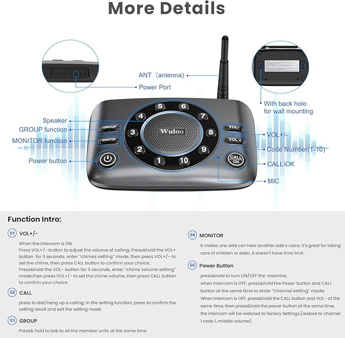 Hands-Free Intercoms Wireless for Home Business, Wuloo Upgrade Two Way Audio Intercom System for Elderly, Full Duplex Room to Room Intercom with 5280 ft Range Clear Sound Anti-Interference, 1-Pack