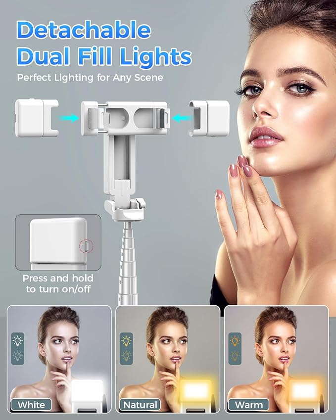 Kinwald 3-in-1 Phone Tripod with LED Lights & Remote, Extendable Selfie Stick Tripod Stand, Compact Portable with Bluetooth Remote for iPhone/Android Vlogging & Photography (White)