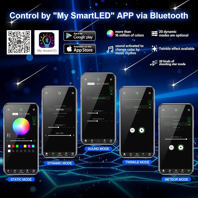 AMKI16W Bluetooth Twinkle Fiber Optic Star Ceiling Lights Lamp Kit, LED RGBW Engine Driver APP/Remote Control (430pcs(0.03in+0.04in+0.06in)9.8ft+Meteor)