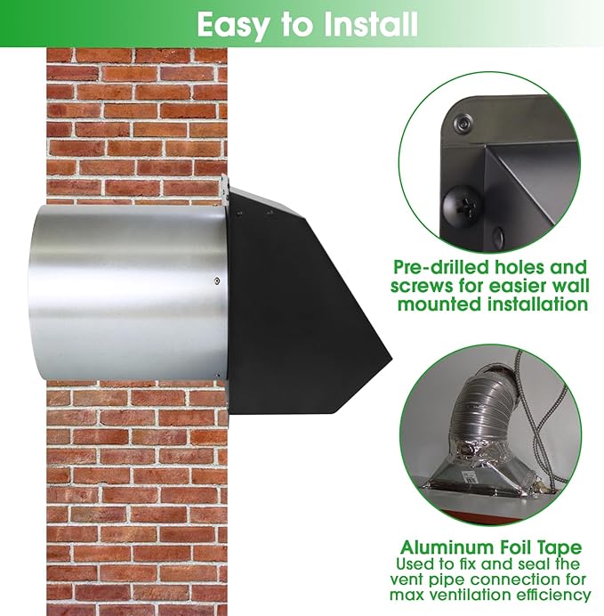 6 Inch Wall Vent Exhaust Vent Dryer Vent Cover Outside, 6" Hooded Wall Vent with Screen and Damper for Kitchen Range Hood Exterior Wall Vent Cover Cap Hood Vent Dryer Air Vent,Galvanized Steel,Black