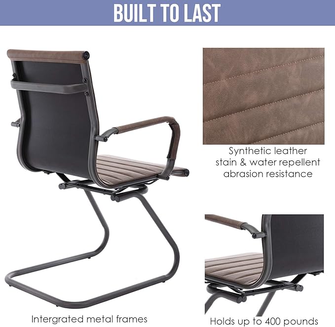 WAHSON OFFICE CHAIRS - No Wheels & Reception Seats, Leather Waiting Room Mid Back Conference Seats with Sled Base for Meeting/Lobby/Restroom, Brown (4 Pack)