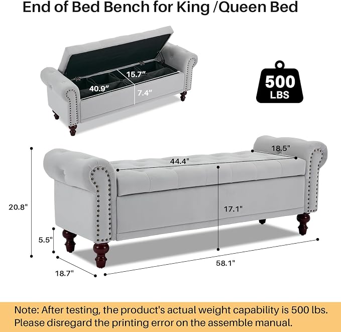 SOFTHION 58.1" Storage Bench for Bedroom, Velvet Upholstered, Light Grey | End - Image 2