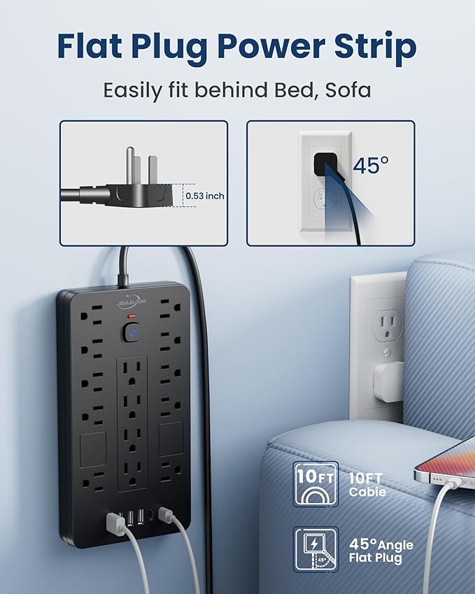 JouleLoom Surge Protector Power Strip-14 Outlets and 6 USB Ports, 10 Feet Flat Plug Extension Cord, 1850 Joules, Black, ETL Listed for Home, Office, Dorm Room