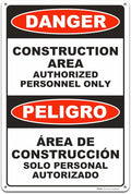 Brimar - 12" x 18" - Bilingual Danger Construction Area Authorized Only Sign - .063″ White Rust-Free Aluminum - Bold Text And Symbol - Easy Installation