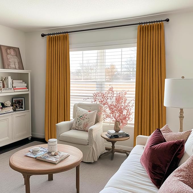 Pinch Pleated Full Blackout Faux Linen Curtains 102 Inches Long | Mustard - Image 5
