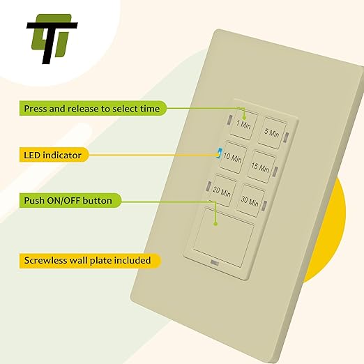 TG Countdown Timer Switch for Bathroom Fans and Household Lights, 1-5-10-15-20-30 Min Settings with Manual Override, Always On Blue LED, Neutral Wire Required, UL Listed, Screwless Wall Plate, Ivory