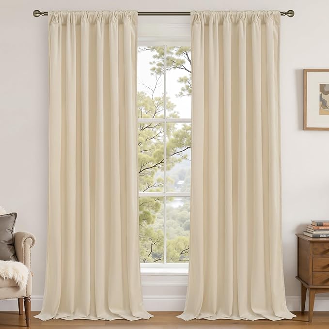 LAMIT Beige Velvet Curtains for Living Room 108 Inches Long, Elegant Thermal Insulated Room Darkening Drapes Noise Reducing Back Tab and Rod Pocket Panels for Bedroom, 2 Panels, 52 x 108 Inch