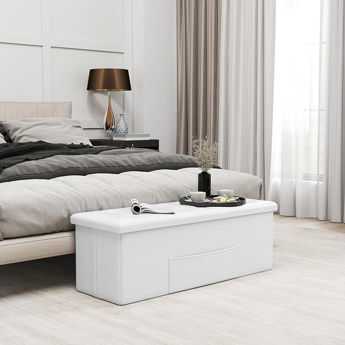 Giantex 43 Inches Folding Storage Ottoman Bench, Upholstered PU Leather Storage - Image 4