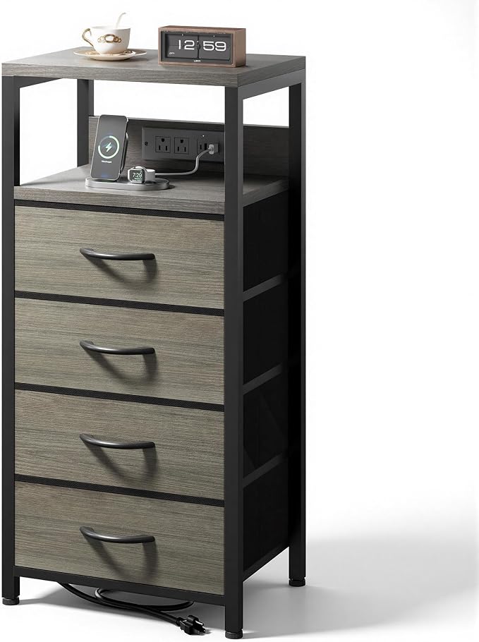 Lazzanto Night Stand with Charger Station, 4 Fabric Drawers, Bedside Table by Lazzanto