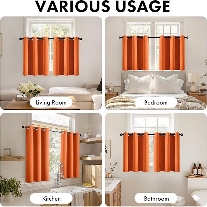 Short Fall Orange Blackout Kitchen Curtain W40 x L45 Inch 2 Panels | Thermal - Image 5