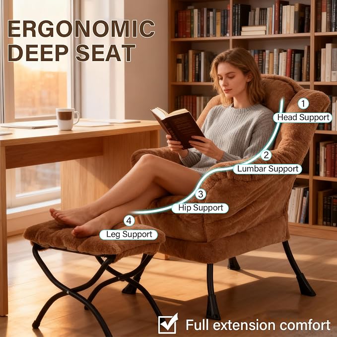 Welnow Lazy Chair with Ottoman, Reading Chair with Footrest, Plush Brown | A - Image 5