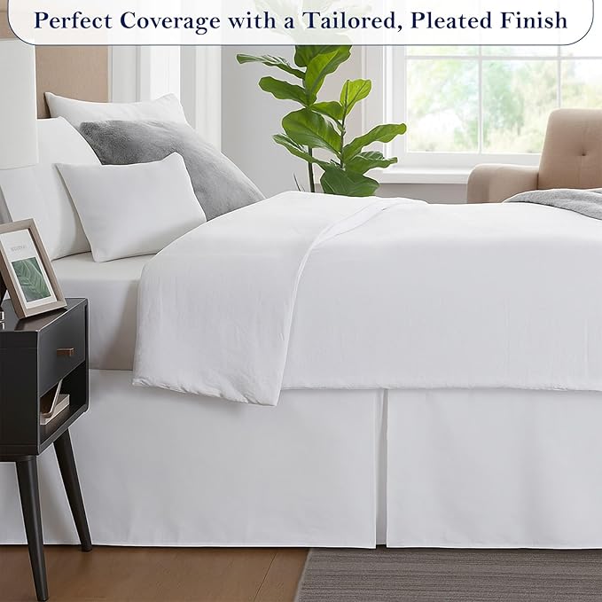 Luxury Pleated Bed Skirt, 14 Inch Tailored Drop Bed Skirt, Soft Double Brushed Premium Microfiber Bed Skirt, Easy Fit Bed Skirt, Fade & Wrinkle Resistant, Box Pleated King Size Bedskirts - White