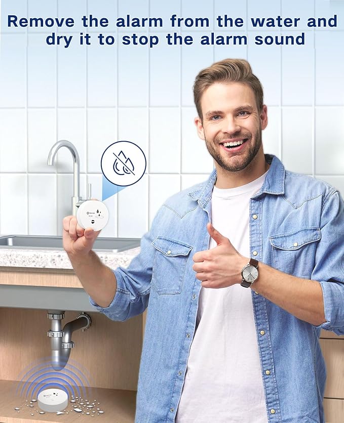 Geevon 4 Pack Water Leak Detectors, 100dB Water Sensor Alarms Flood Detector for Basements, Bathrooms, Laundry Rooms, Kitchens, Garages, and Attics, Water Alarms Battery-Operated (Battery Included)