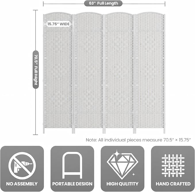 4 Panel Folding Room Divider, Woven Privacy Screen, handcrafted diamond pattern - Image 3