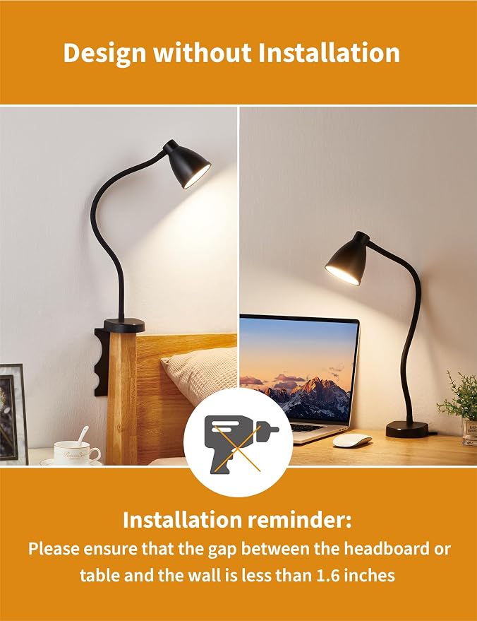 BOHON No Install Bedside Reading Light, Clip-Free Wall Mounted Lamp Black | 5 - Image 4