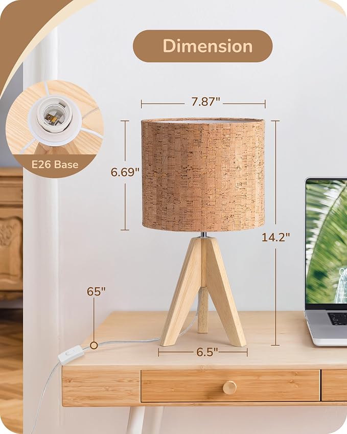 EDISHINE Small Table Lamp, Wood Tripod Nightstand Lamp, Bark Linen Shade | 14.2 - Image 5