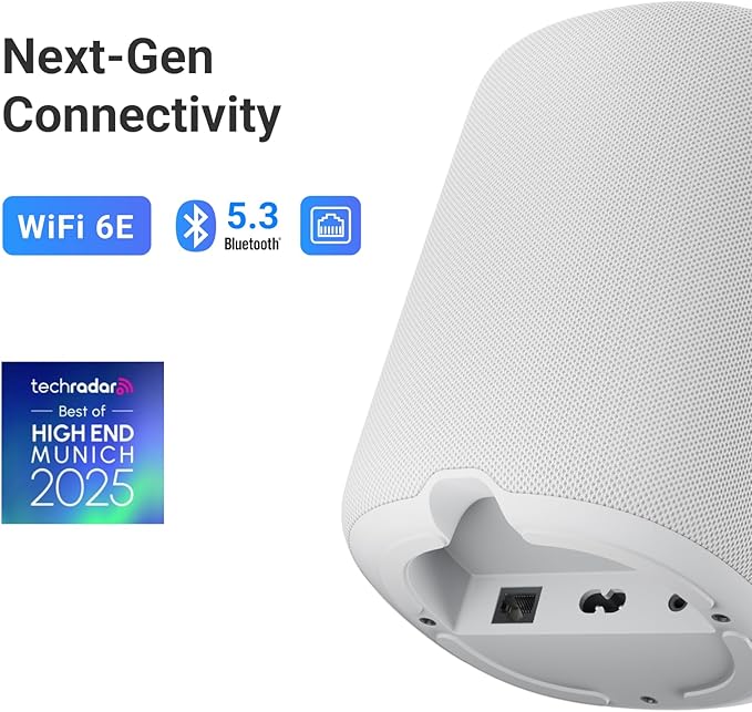 WiiM Sound Smart Speaker with 1.8″ Touch Display, Hi‑Res 24‑bit/192 kHz, AI RoomFit™ Room Correction, 100W Peak, Wi‑Fi 6E/Bluetooth 5.3, Multi‑Room & Stereo Pairing, Remote Included, White
