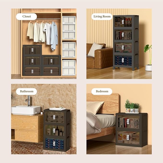 Stackable Storage Bins with Lid & Wheel, Folding Storage Cabinet with Door, Large Foldable Containers Plastic Collapsible Storage Boxes for Home, Pantry, Office (M, Gray 4-Tier)